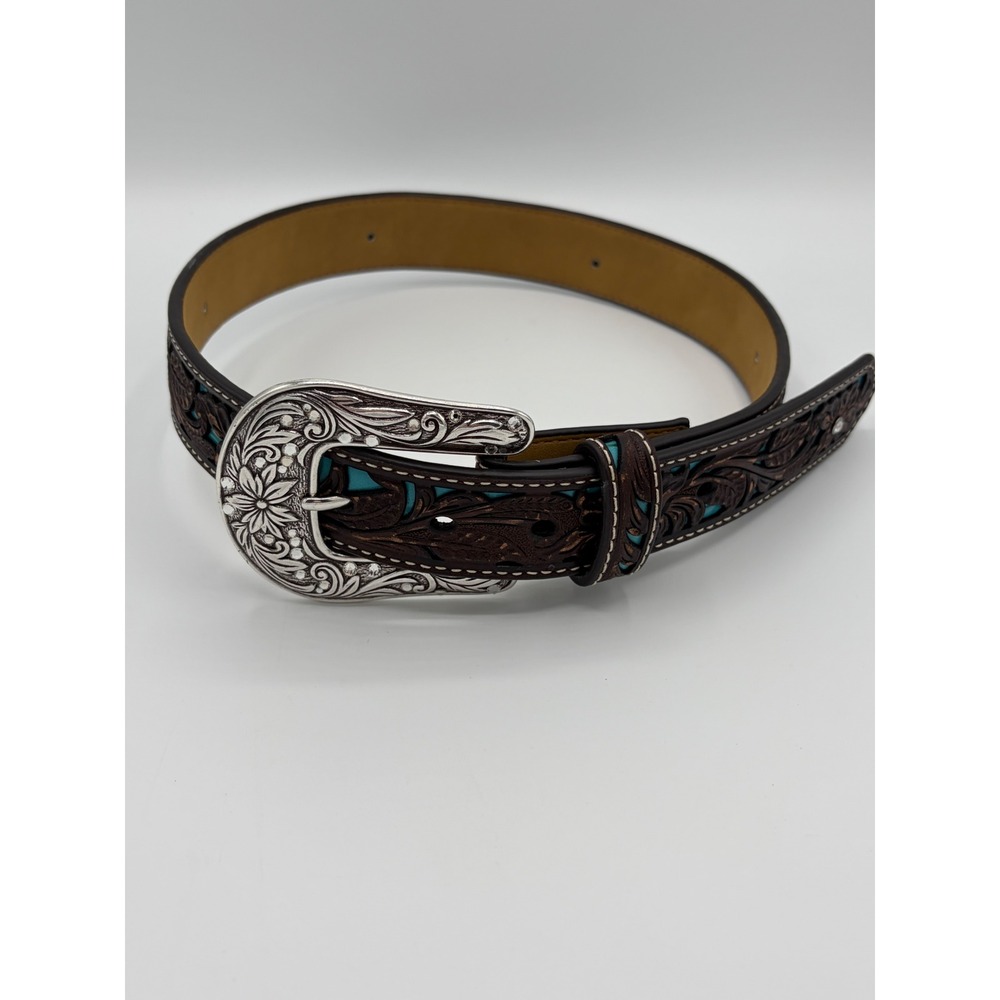 Ariat Girls Brown Tooled Leather Turquoise Western Belt Silver Buckle 26